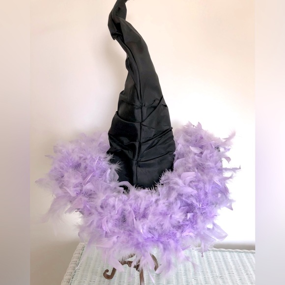 Witch hat Black Lavender feathers Natural. pleated19" Tall Crown 19" wide. - Picture 15 of 15